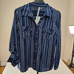 NY Collection Petite XL Striped Button Front Shirt NWT Blue Long Sleeve Blouse